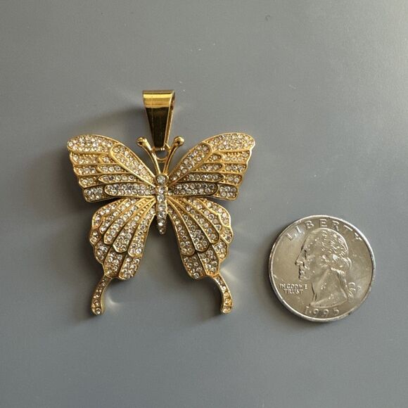 Butterfly Gold Tone Pendant Necklace Stainless Steel Gift Her Cubic Zirconia - Picture 3 of 6